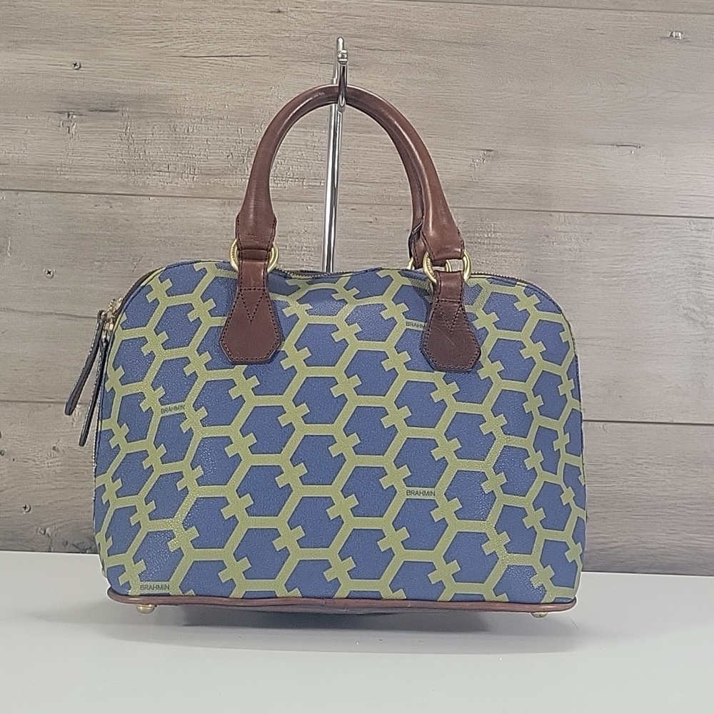 Brahmin Geometric Pattern Leather Satchel Bag - Blue & Green with Brown Handles